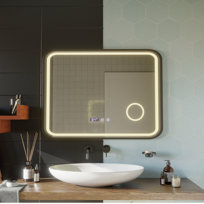 Specchio LED Touch Bernd Sistema antiappannamento, orologio e temperatura 80x60 cm Cornice nera Specchi ingranditori cosmetici spazzolati Korman S Titolo predefinito Alessandro Design
