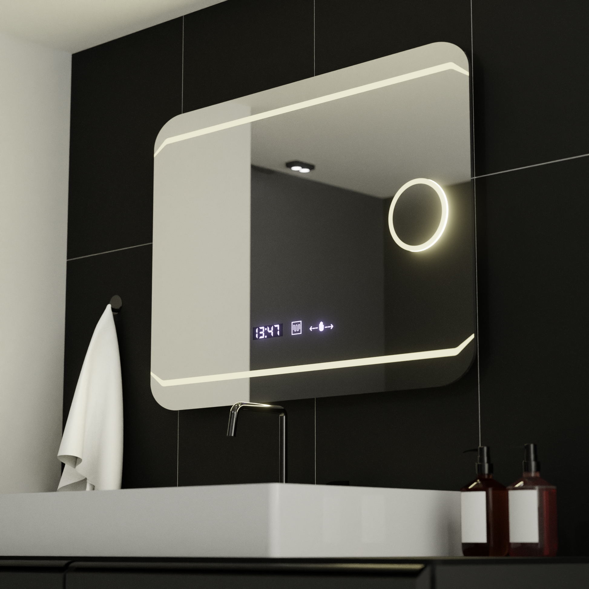 Specchio rettangolare a LED, 80x60 cm, stile Marcello MotionGlow, sistema antiappannamento, orologio e termometro, lente d'ingrandimento cosmetica, specchi Marcello dimmerabili Titolo predefinito Alessandro Design