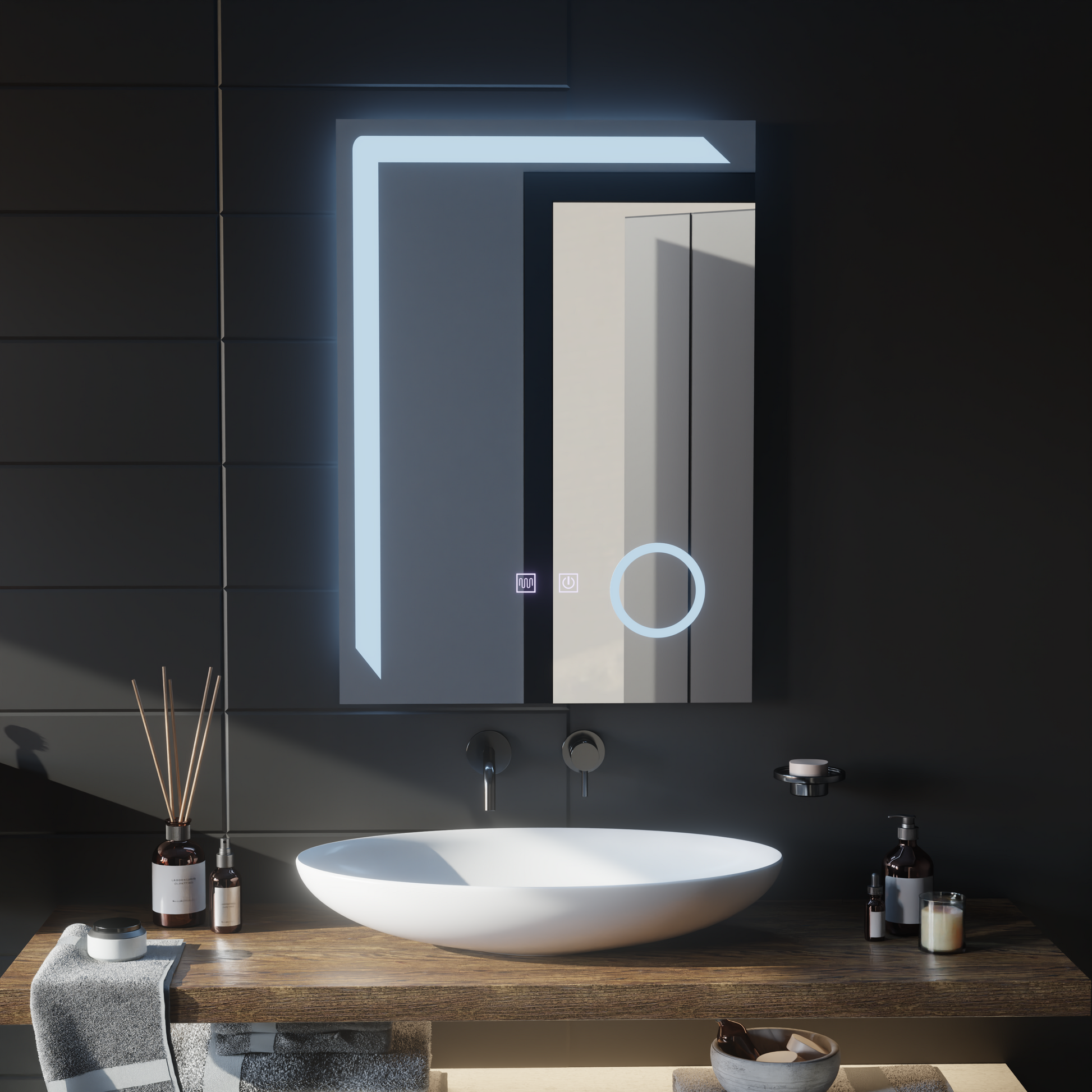 Specchio LED rettangolare, 50x70cm, Linea Touch, Sistema Demister, Specchi Dimmerabili Korman E Titolo predefinito Alessandro Design