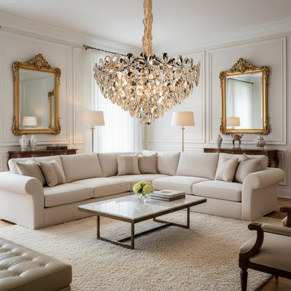 Candelabru Cristal Magno 11xE14, Diametru 60cm, Auriu Lucios, Inaltime Reglabila, Metal si Cristal