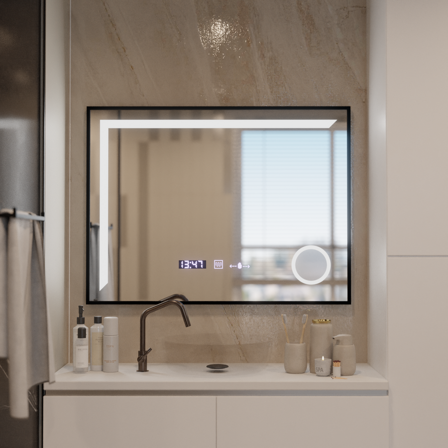 Specchio LED Sensore MotionGlow Francesca 80x60 cm Luce Calda/Fredda/Neutra Dimmerabile Cornice Nera Sistema di Disappannamento Spazzolato Termometro Orologio Collezione Marcello Funghi Marcello Specchi Titolo predefinito Alessandro Design