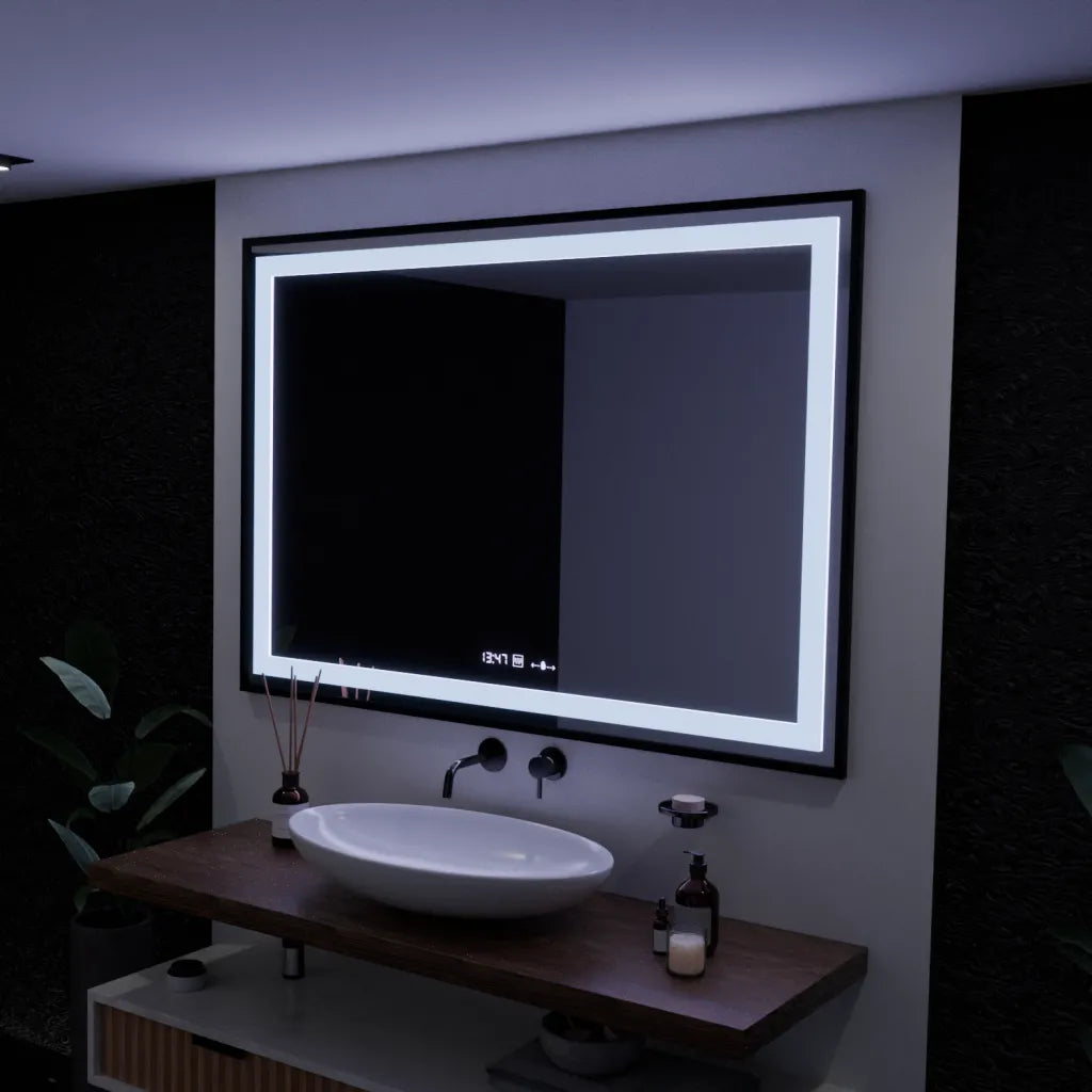 Specchio rettangolare a LED, 100x65 cm, Verite Majeste Noir Motion Glow Marcello, sistema antiappannamento, orologio e termometro, specchi dimmerabili Marcello Titolo predefinito Alessandro Design