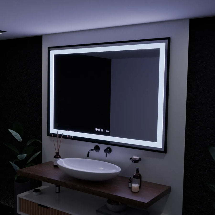 Specchio rettangolare a LED, 100x65 cm, Verite Majeste Noir Motion Glow Marcello, sistema antiappannamento, orologio e termometro, specchi dimmerabili Marcello Titolo predefinito Alessandro Design