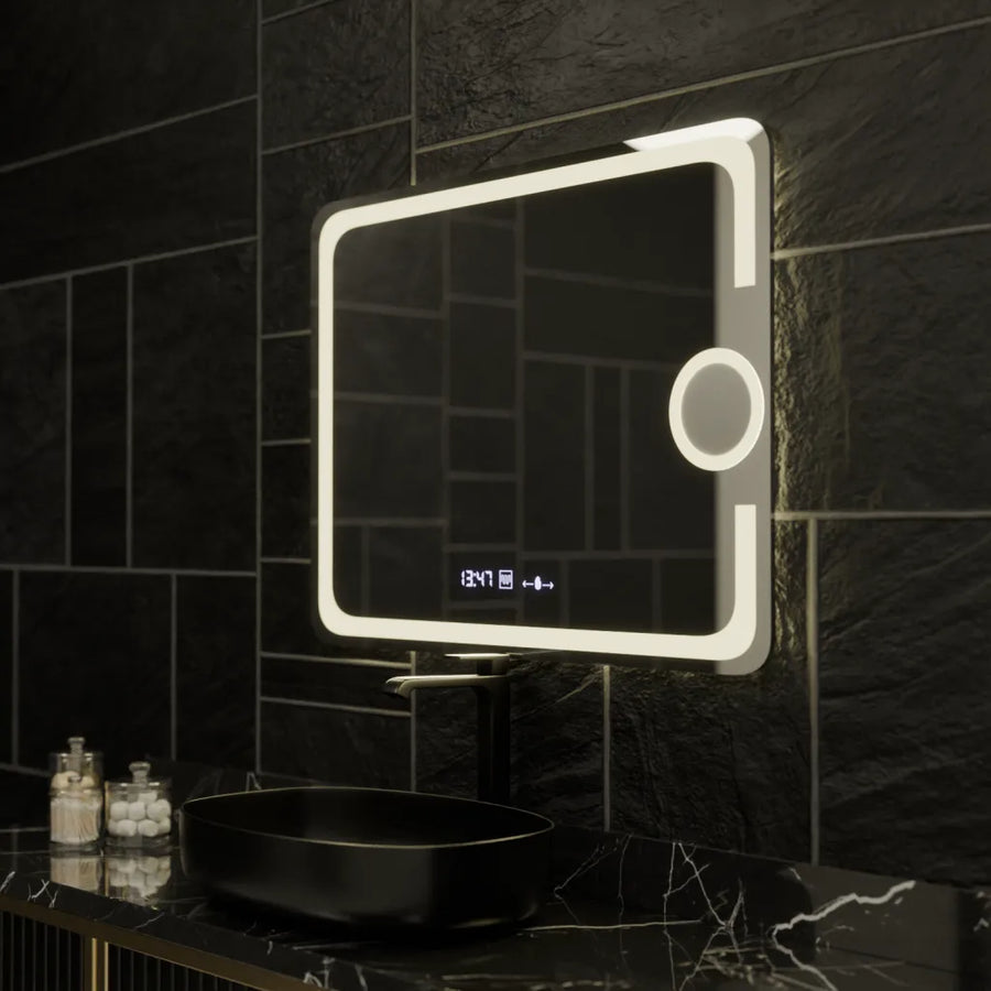Specchio rettangolare a LED, 80x60 cm, Eclat MotionGlow Marcello, sistema antiappannamento, orologio e termometro, lente d'ingrandimento cosmetica, specchi Marcello dimmerabili Titolo predefinito Alessandro Design