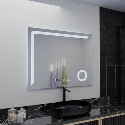 Specchio rettangolare a LED, 100x80 cm, Precision MotionGlow Marcello, sistema antiappannamento, orologio e termometro, lente d'ingrandimento cosmetica, specchi dimmerabili Marcello Titolo predefinito Alessandro Design