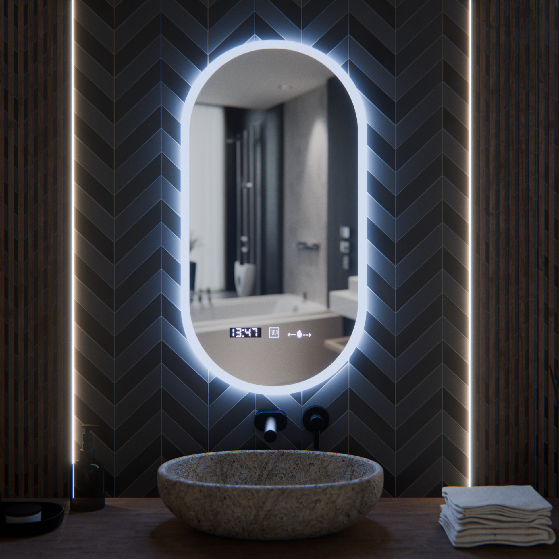 Specchio ovale a LED, 50x100 cm, sensore Lucia Marcello, sistema antiappannamento, orologio e termometro, specchi dimmerabili Korman E Titolo predefinito Alessandro Design