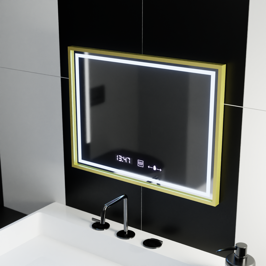 Specchio rettangolare a LED, 80x60 cm, Verite Royale Gold MotionGlow Marcello, sistema antiappannamento, orologio e termometro, specchi dimmerabili Marcello Titolo predefinito Alessandro Design