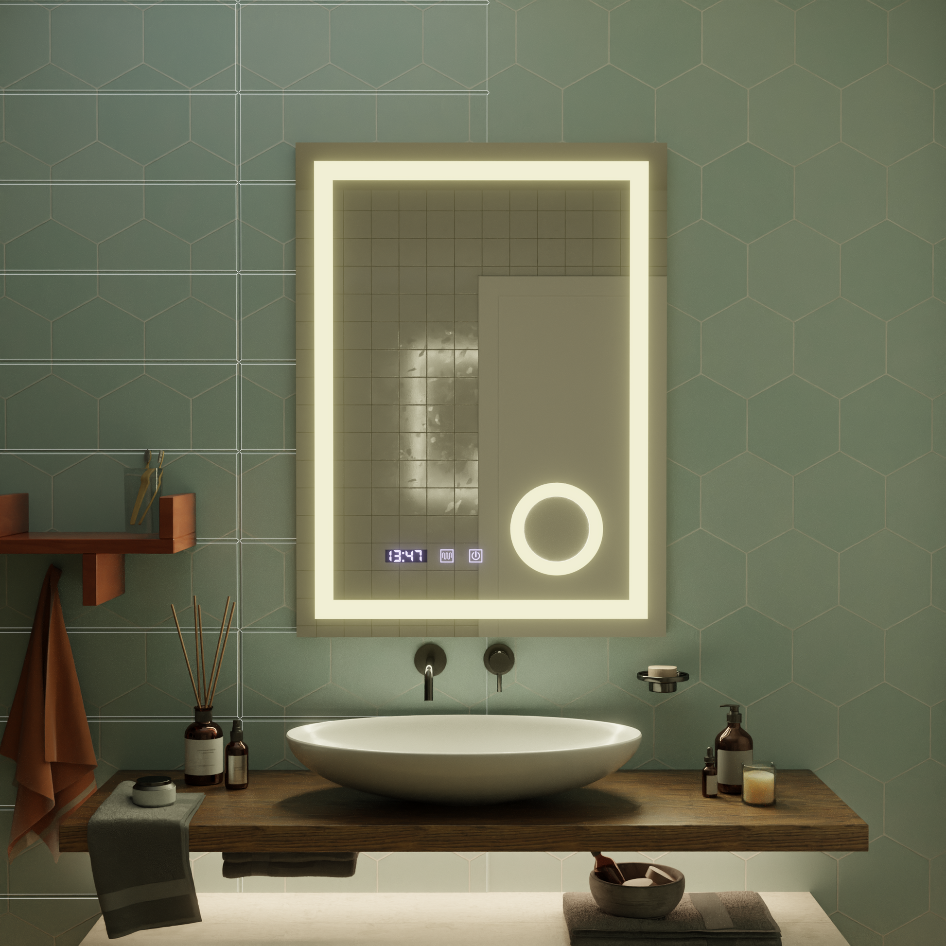 Specchio Touch LED NIVERA Sistema Antiappannante, Orologio e Temperatura 60x80 cm Specchi Cosmetici Ingranditori Korman S Titolo predefinito Alessandro Design