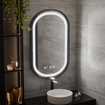 Oglinda LED Touch Helmut Sistem Dezaburire, Ceas si Temperatura 50x80 cm Rama Negru Brushed Marcello Funghi