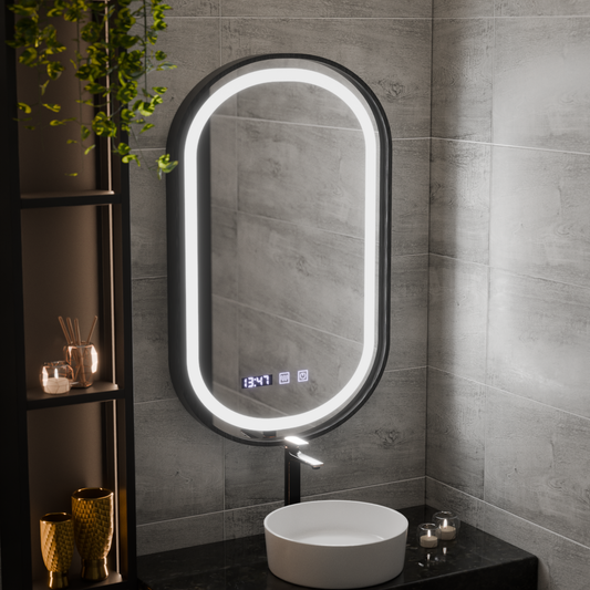 Helmut LED Touch Specchio Disappannante, Orologio e Temperatura 50x80 cm Cornice Nera Spazzolata Marcello Funghi