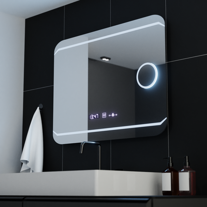 Specchio rettangolare a LED, 80x60 cm, stile Marcello MotionGlow, sistema antiappannamento, orologio e termometro, lente d'ingrandimento cosmetica, specchi Marcello dimmerabili Titolo predefinito Alessandro Design