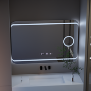 Specchio rettangolare a LED, 120x80 cm, definizione MotionGlow Marcello, sistema antiappannamento, orologio e termometro, lente d'ingrandimento cosmetica, specchi Marcello dimmerabili Titolo predefinito Alessandro Design