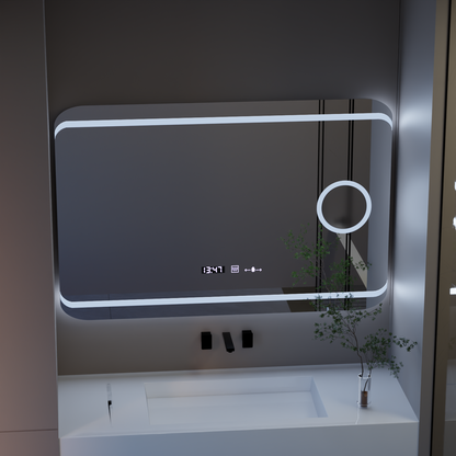 Specchio rettangolare a LED, 120x80 cm, definizione MotionGlow Marcello, sistema antiappannamento, orologio e termometro, lente d'ingrandimento cosmetica, specchi Marcello dimmerabili Titolo predefinito Alessandro Design