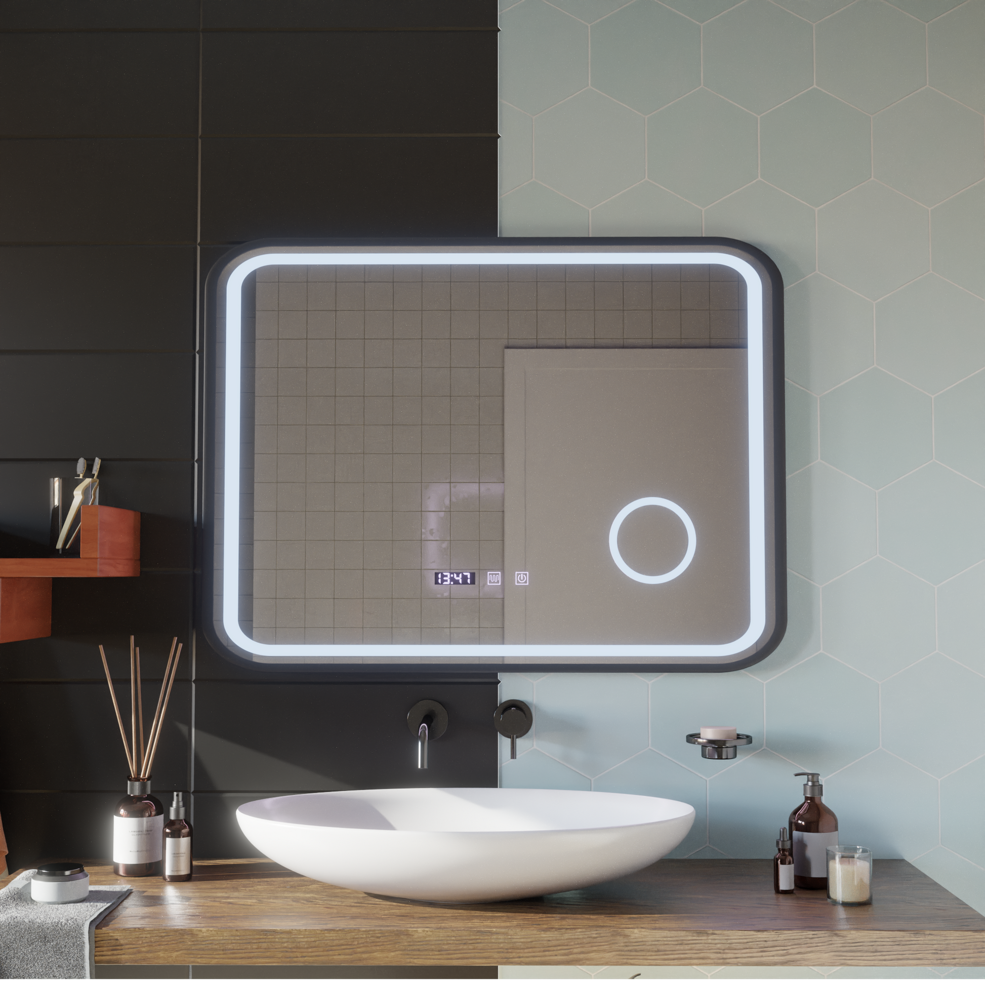 Specchio LED Touch Bernd Sistema antiappannamento, orologio e temperatura 80x60 cm Cornice nera Specchi ingranditori cosmetici spazzolati Korman S Titolo predefinito Alessandro Design