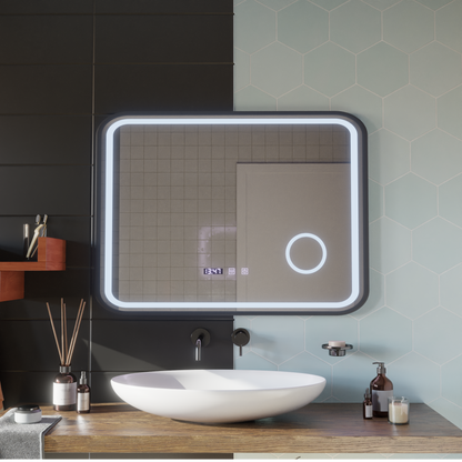 Specchio LED Touch Bernd Sistema antiappannamento, orologio e temperatura 80x60 cm Cornice nera Specchi ingranditori cosmetici spazzolati Korman S Titolo predefinito Alessandro Design