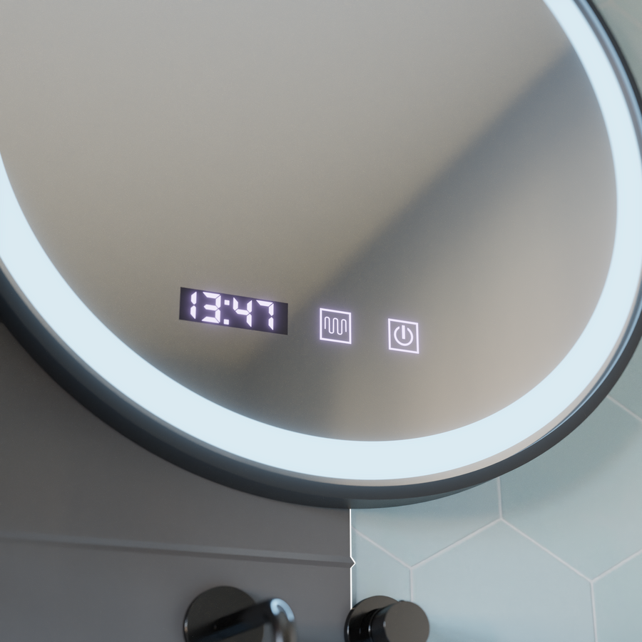 Specchio LED Touch NOVARA Sistema Demister, Orologio e Temperatura Cornice 80 cm Specchi Nero Spazzolato Korman S Titolo predefinito Alessandro Design