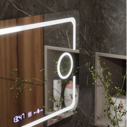 Specchio rettangolare a LED, 110x75 cm, Eclat MotionGlow Marcello, sistema antiappannamento, orologio e termometro, lente d'ingrandimento cosmetica, specchi dimmerabili Marcello Titolo predefinito Alessandro Design