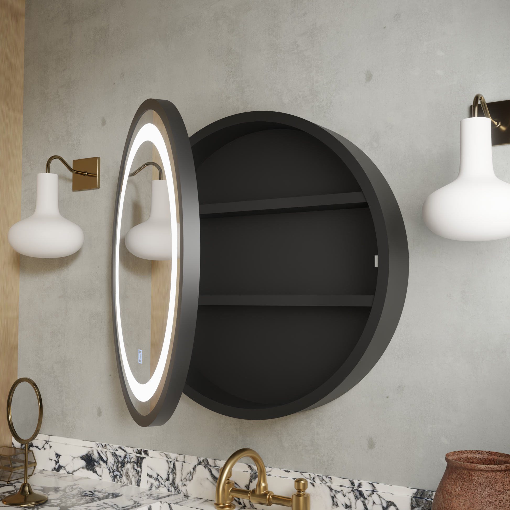 Specchio LED con armadietto, rotondo, 10W, 50x50cm, antiappannamento, cornice nera, spazio contenitore Specchi armadietti Titolo predefinito Alessandro Design