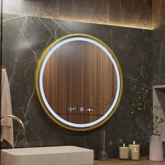 Specchio rotondo a LED, 60 cm, Celeste Royale Gold Eleve MotionGlow Marcello, sistema antiappannamento, orologio e termometro, dimmerabile, tracolla staccabile Marcello Mirrors Titolo predefinito Alessandro Design