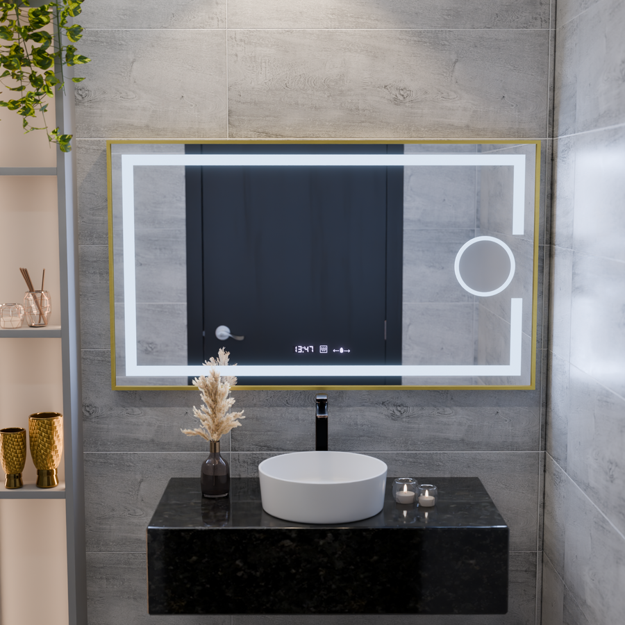 Specchio rettangolare a LED, 120x80 cm, Eclat MotionGlow Marcello, sistema antiappannante, orologio e termometro, lente d'ingrandimento cosmetica, dimmerabile, cornice oro spazzolato Marcello Mirrors Titolo predefinito Alessandro Design
