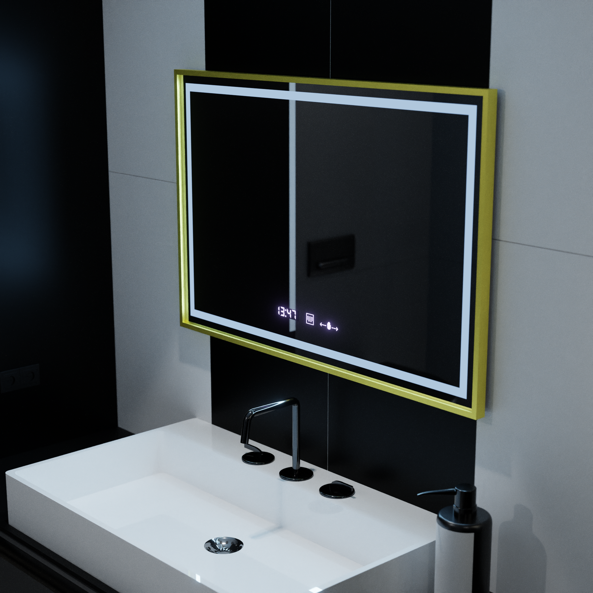 Specchio rettangolare a LED, 120x80 cm, Verite Royale Gold MotionGlow Marcello, sistema antiappannamento, orologio e termometro, specchi dimmerabili Marcello Titolo predefinito Alessandro Design