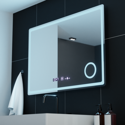 Specchio rettangolare a LED, 90x60 cm, Velour MotionGlow Marcello, sistema antiappannamento, orologio e termometro, lente d'ingrandimento cosmetica, specchi dimmerabili Marcello Titolo predefinito Alessandro Design