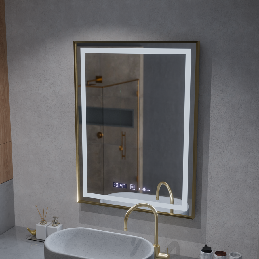 Specchio rettangolare a LED, 60x80 cm, Verite Royale Gold MotionGlow Marcello, sistema antiappannante, orologio e termometro, specchi dimmerabili Marcello Titolo predefinito Alessandro Design