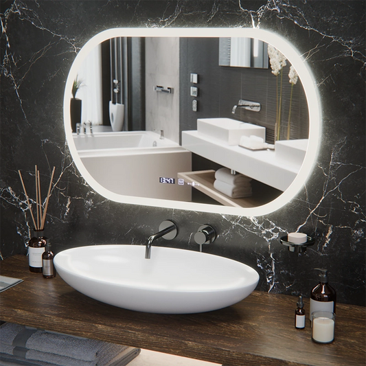 Specchio ovale a LED, 80x50 cm, sensore Altera Marcello MotionGlow, sistema antiappannamento, orologio e termometro, dimmerabile