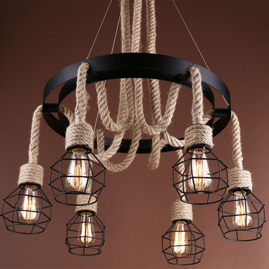 Lampadario Ruota LV580/6BK, 6xE27, Marrone, Metallo e Corda Lampadari Vintage Titolo predefinito Alessandro Design