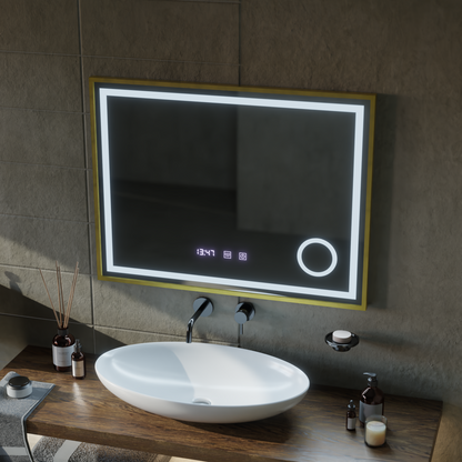 LED Touch CLARUS Specchio con sistema antiappannante, orologio e temperatura 80x60 cm Cornice dorata Specchi ingranditori cosmetici spazzolati Korman S Titolo predefinito Alessandro Design