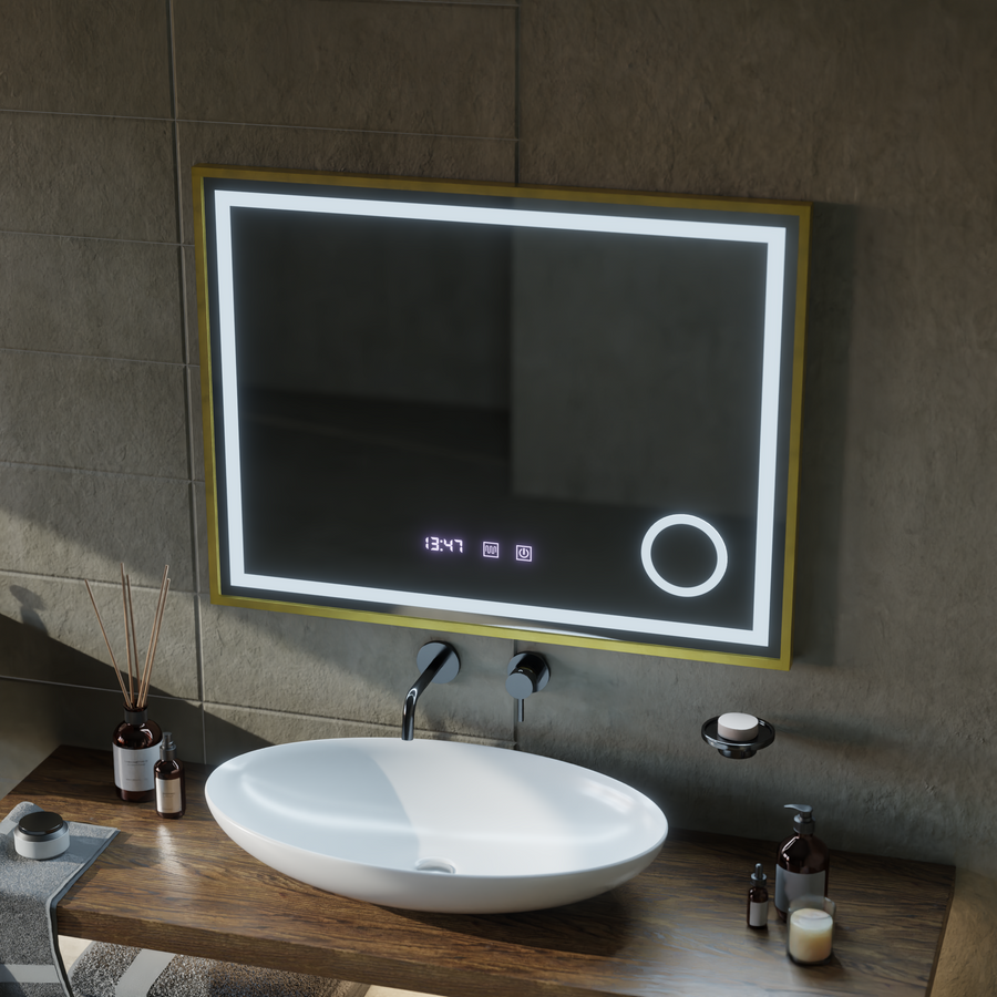 LED Touch CLARUS Specchio con sistema antiappannante, orologio e temperatura 80x60 cm Cornice dorata Specchi ingranditori cosmetici spazzolati Korman S Titolo predefinito Alessandro Design