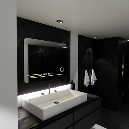 Specchio rettangolare a LED, 80x60 cm, Harmonie MotionGlow Marcello, Sistema antiappannante, Termometro e Orologio, Lente d'ingrandimento cosmetica, Specchi dimmerabili Marcello Titolo predefinito Alessandro Design