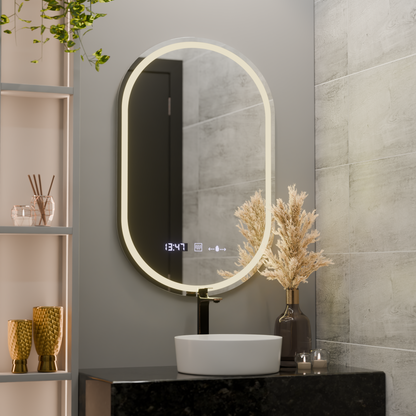 Specchio ovale a LED, 60x80 cm, Eminence MotionGlow Marcello, sistema antiappannamento, orologio e termometro, specchi Marcello dimmerabili Titolo predefinito Alessandro Design