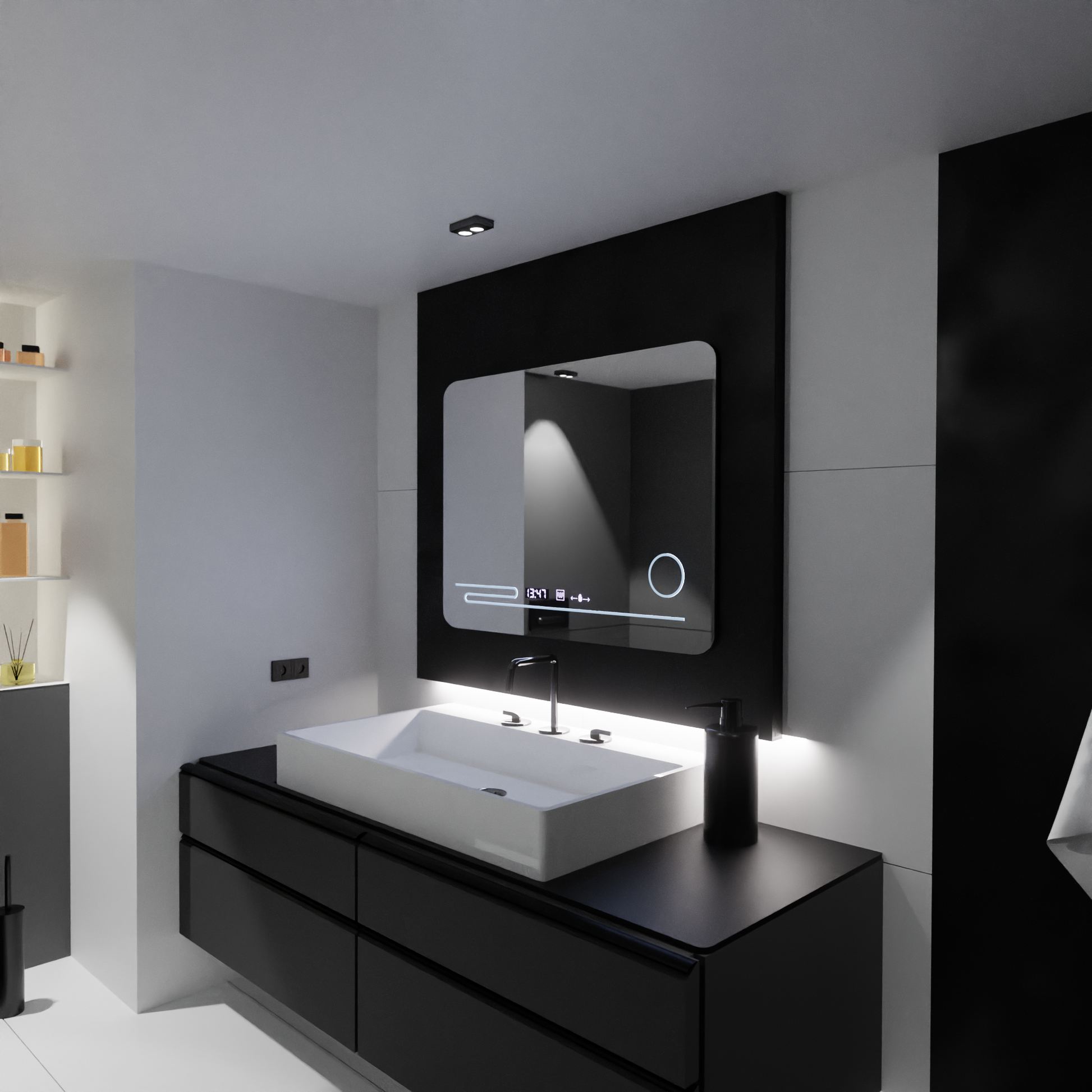 Specchio rettangolare a LED, 80x60 cm, Harmonie MotionGlow Marcello, Sistema antiappannante, Termometro e Orologio, Lente d'ingrandimento cosmetica, Specchi dimmerabili Marcello Titolo predefinito Alessandro Design
