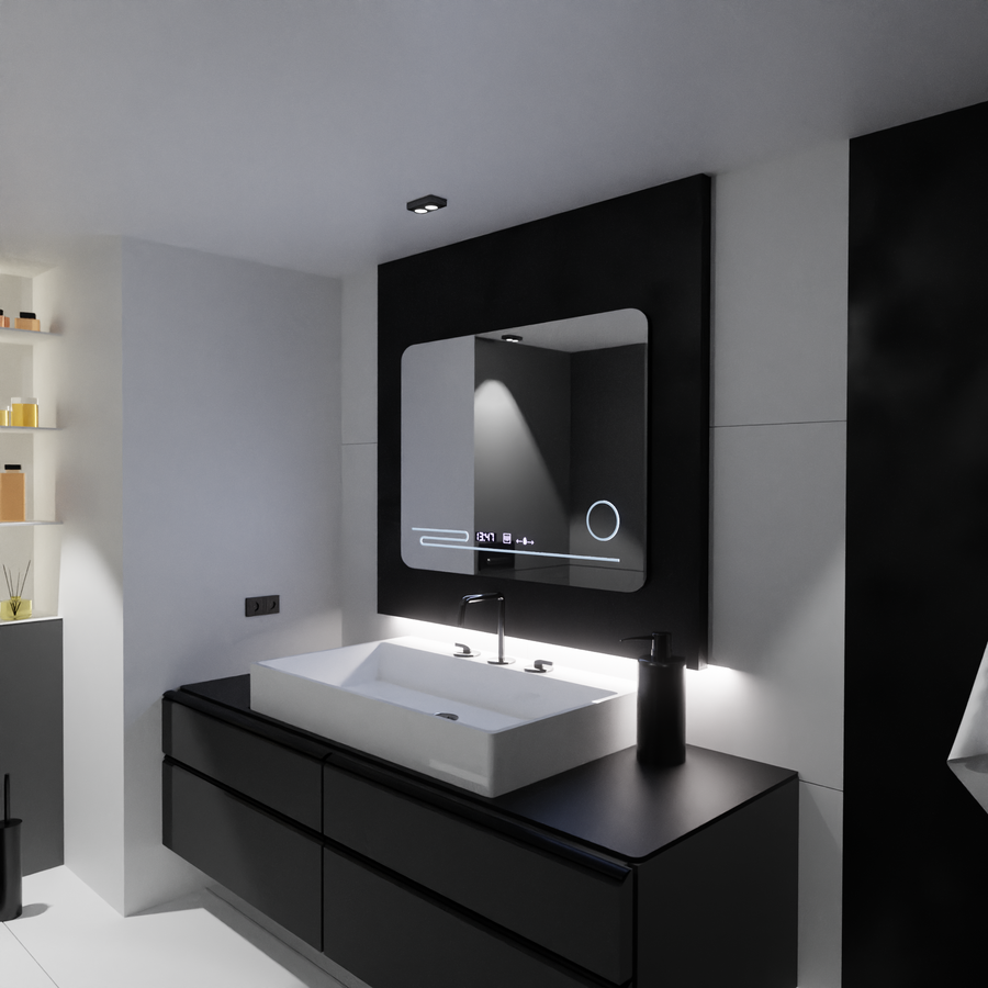 Specchio rettangolare a LED, 80x60 cm, Harmonie MotionGlow Marcello, Sistema antiappannante, Termometro e Orologio, Lente d'ingrandimento cosmetica, Specchi dimmerabili Marcello Titolo predefinito Alessandro Design