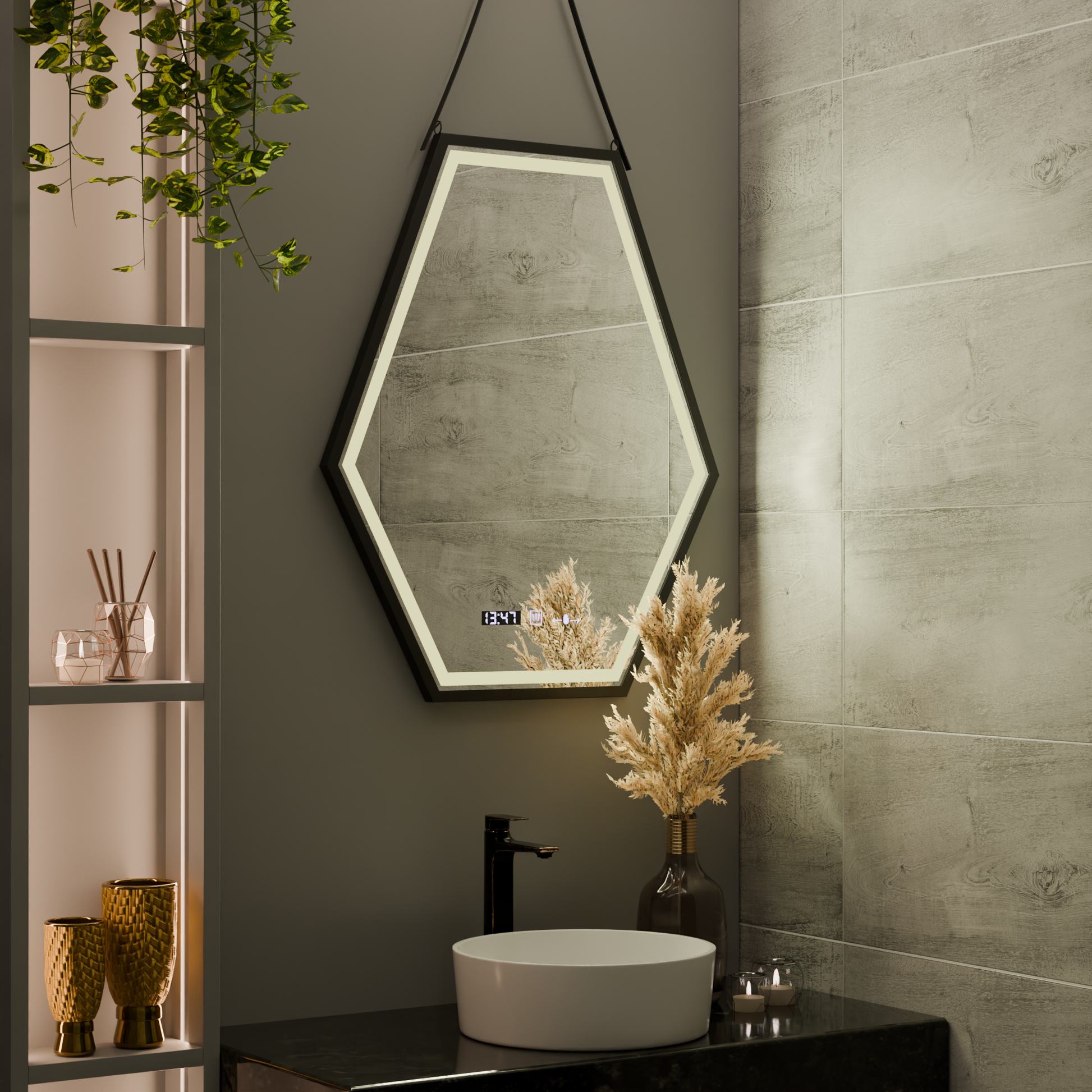 Specchio rettangolare a LED, 55x70 cm, sensore Marcello MotionGlow, sistema antiappannamento, orologio e termometro, specchi Marcello regolabili Titolo predefinito Alessandro Design