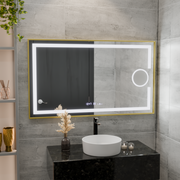 Specchio rettangolare a LED, 120x80 cm, Eclat MotionGlow Marcello, sistema antiappannante, orologio e termometro, lente d'ingrandimento cosmetica, dimmerabile, cornice oro spazzolato Marcello Mirrors Titolo predefinito Alessandro Design