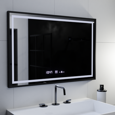 Specchio rettangolare a LED, 120x80 cm, Verite Majeste Noir Motion Glow Marcello, sistema antiappannamento, orologio e termometro, dimmerabile