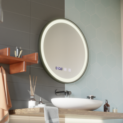 Specchio Touch LED NOVARA Sistema Disappannante, Orologio e Temperatura Cornice Nera Spazzolata da 80 cm
