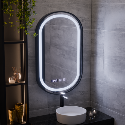 Oglinda LED Touch Helmut Sistem Dezaburire, Ceas si Temperatura 50x80 cm Rama Negru Brushed Marcello Funghi