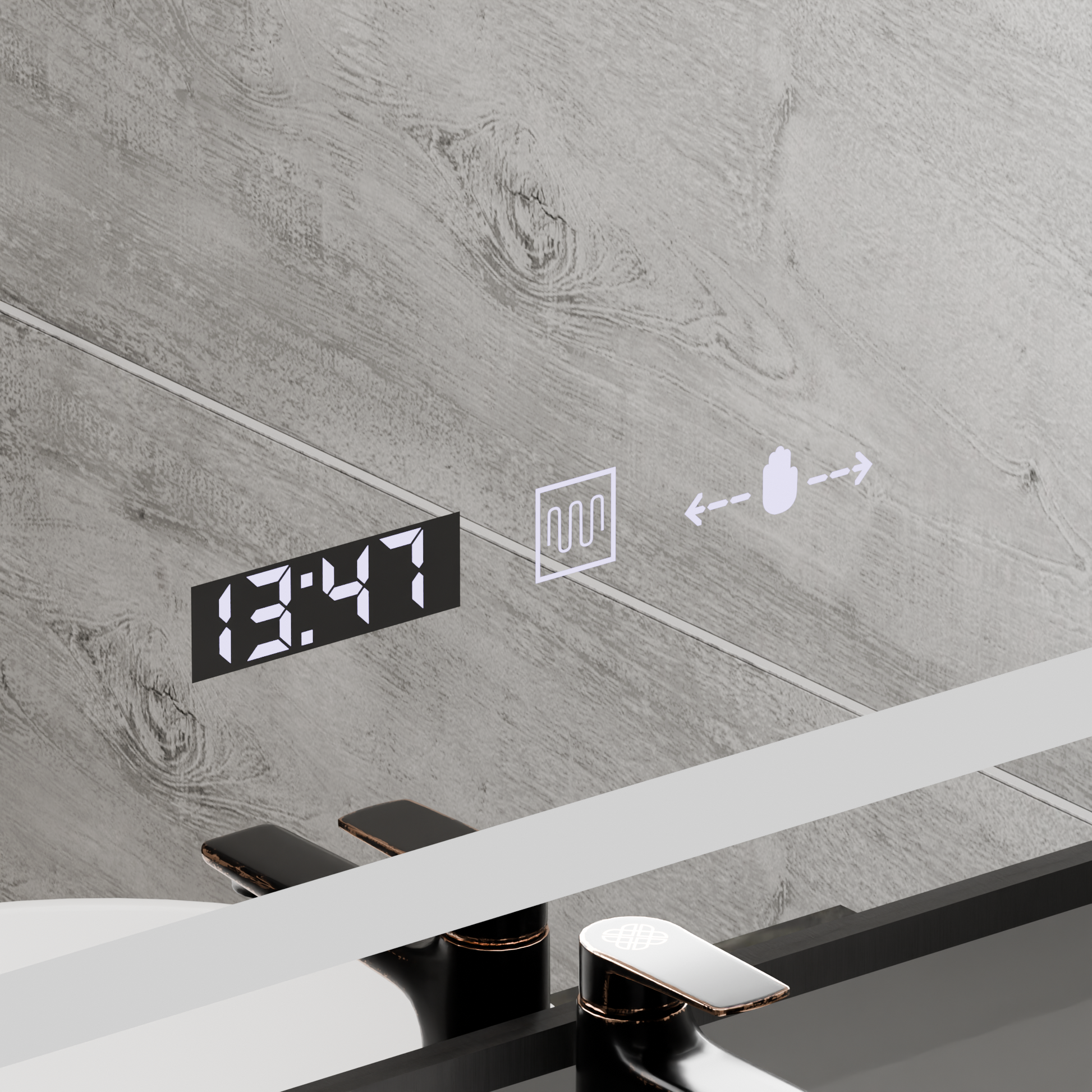 Specchio rettangolare a LED, 50x70 cm, Verite Majeste Noir Motion Glow Marcello, sistema antiappannamento, orologio e termometro, specchi dimmerabili Marcello Titolo predefinito Alessandro Design