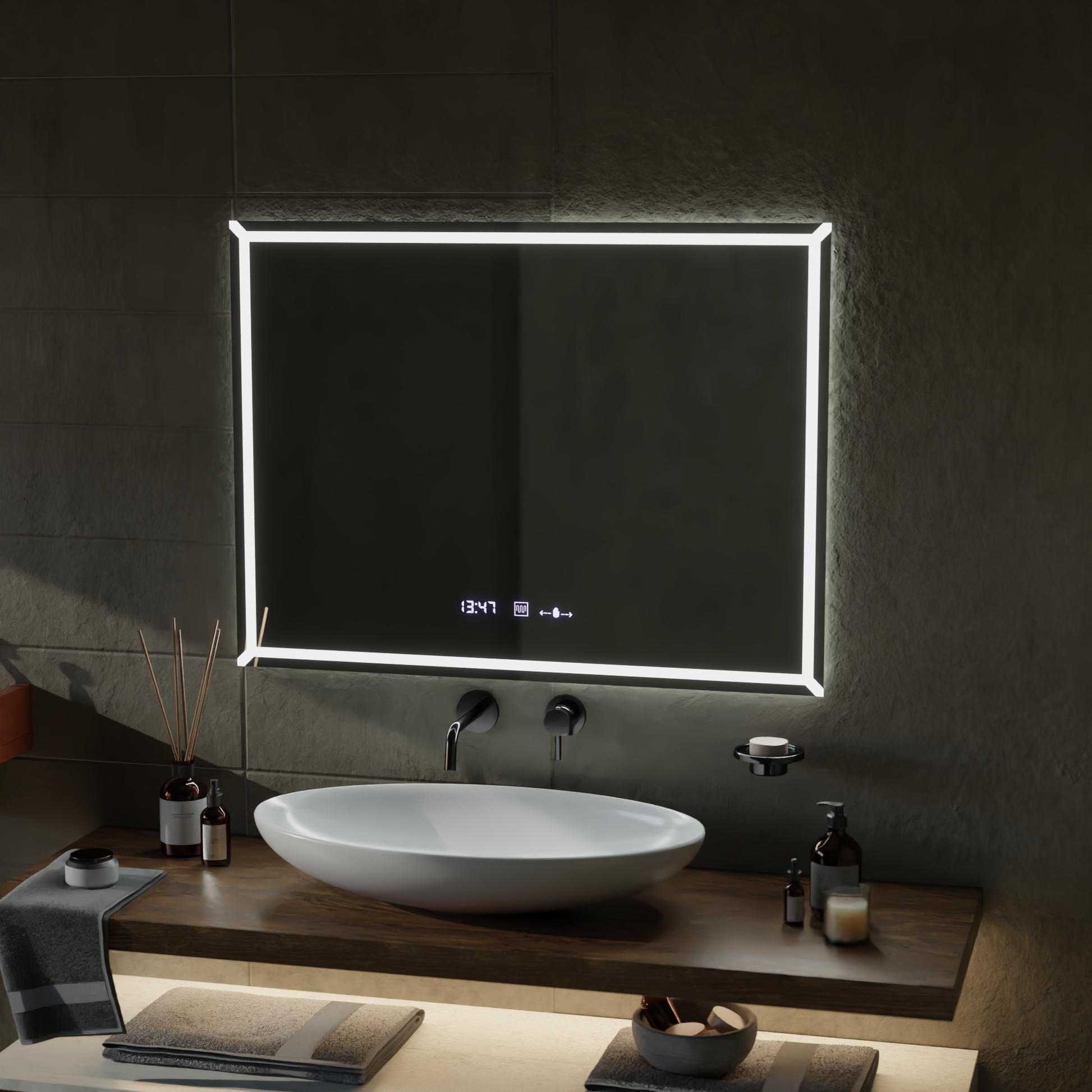Specchio LED rettangolare, 80x60cm, VillayTouch Marcello, Sistema Disappannante, Dimabila Specchi Marcello Titolo predefinito Alessandro Design