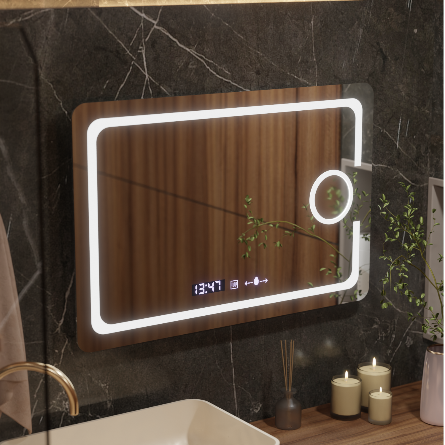 Specchio rettangolare a LED, 110x75 cm, Eclat MotionGlow Marcello, sistema antiappannamento, orologio e termometro, lente d'ingrandimento cosmetica, specchi dimmerabili Marcello Titolo predefinito Alessandro Design