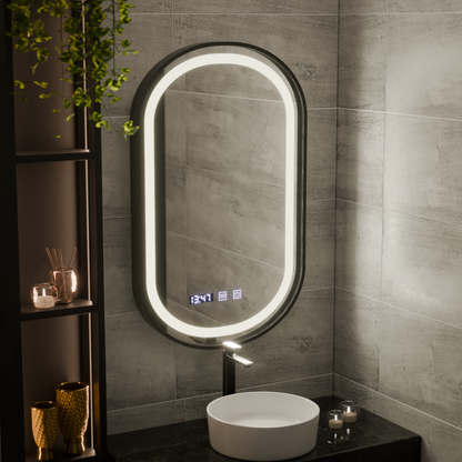 Oglinda LED Touch Helmut Sistem Dezaburire, Ceas si Temperatura 50x80 cm Rama Negru Brushed Marcello Funghi
