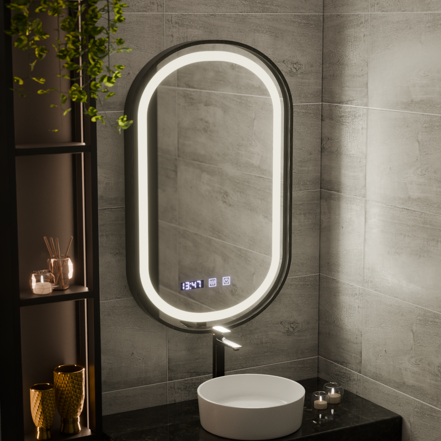 Oglinda LED Touch Helmut Sistem Dezaburire, Ceas si Temperatura 50x80 cm Rama Negru Brushed Marcello Funghi