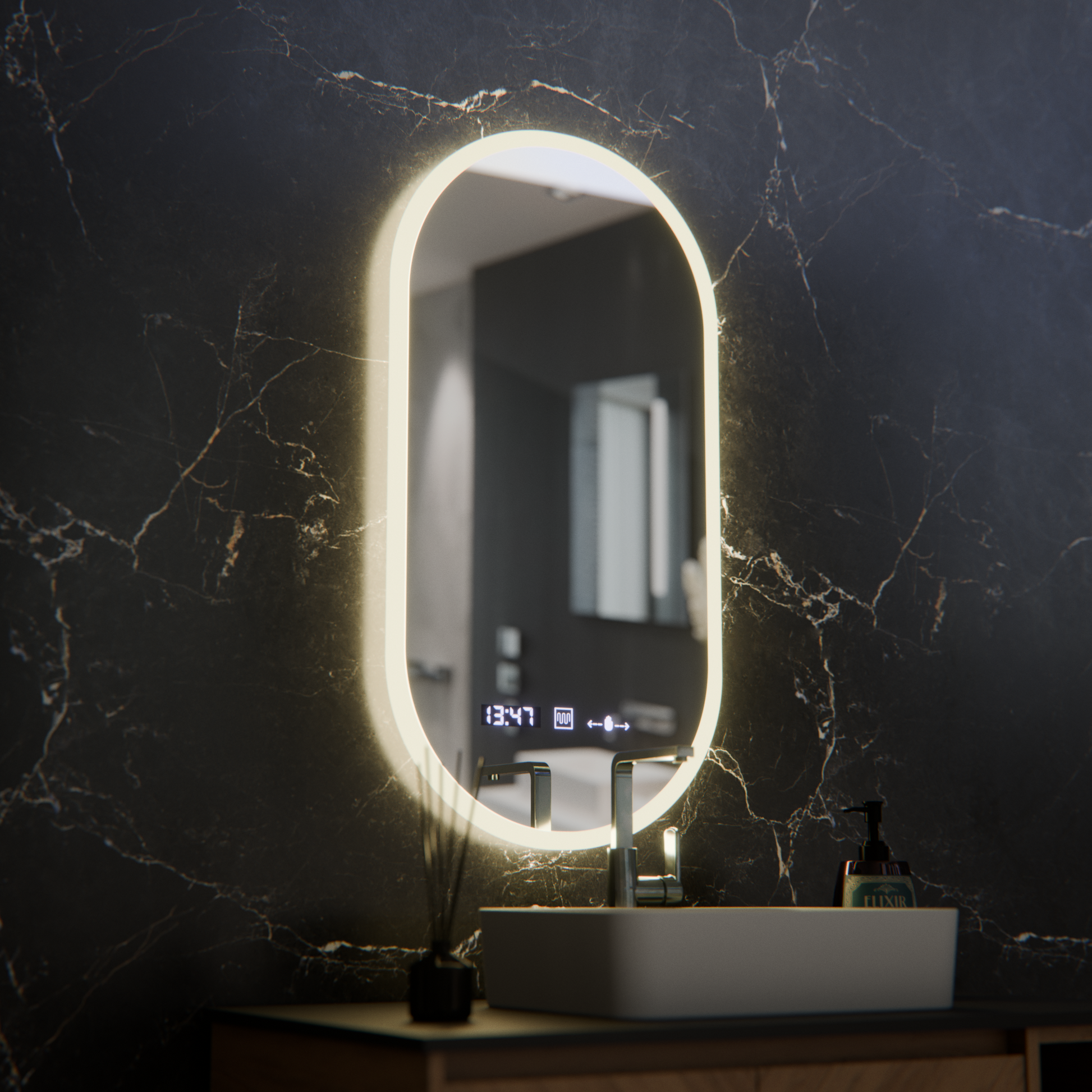 Specchio ovale a LED, 50x100 cm, sensore Lucia Marcello, sistema antiappannamento, orologio e termometro, specchi dimmerabili Korman E Titolo predefinito Alessandro Design