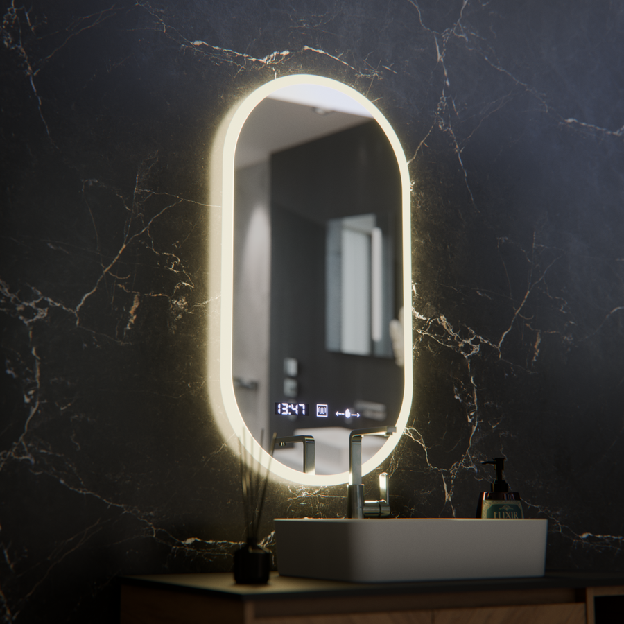 Specchio ovale a LED, 50x100 cm, sensore Lucia Marcello, sistema antiappannamento, orologio e termometro, specchi dimmerabili Korman E Titolo predefinito Alessandro Design