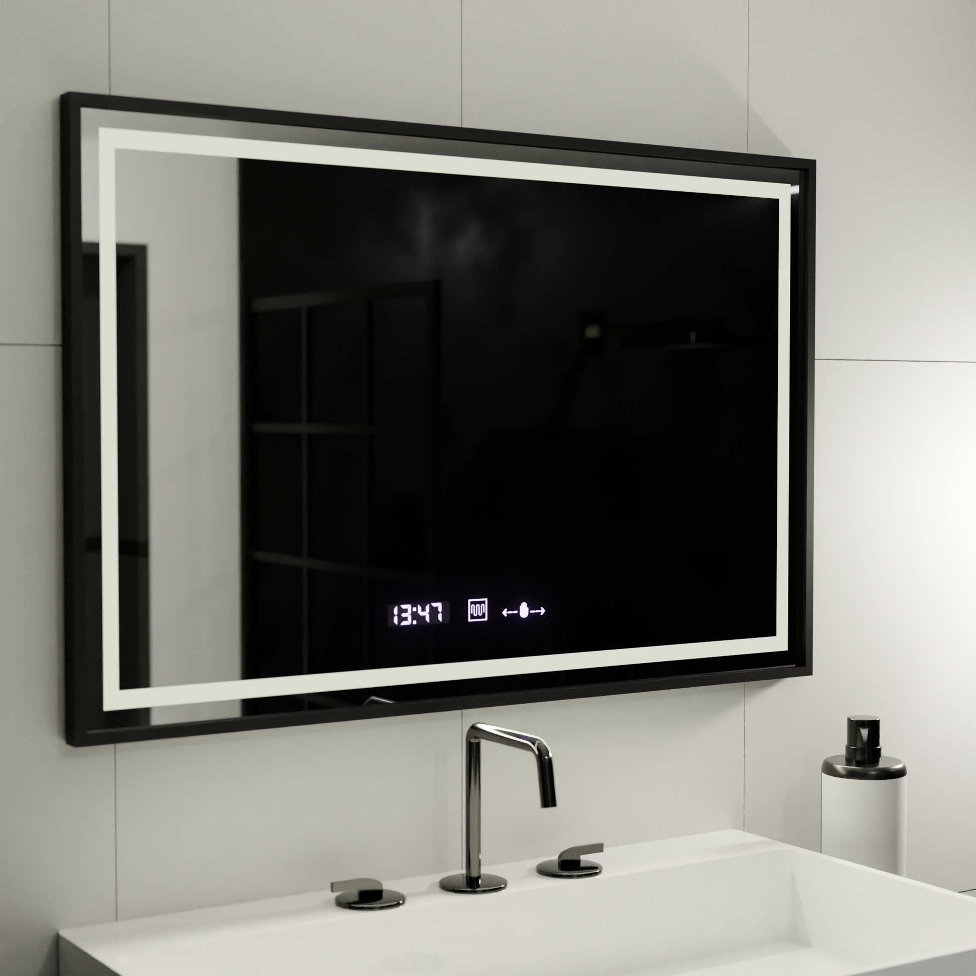 Specchio rettangolare a LED, 120x80 cm, Verite Majeste Noir Motion Glow Marcello, sistema antiappannamento, orologio e termometro, specchi dimmerabili Marcello Titolo predefinito Alessandro Design