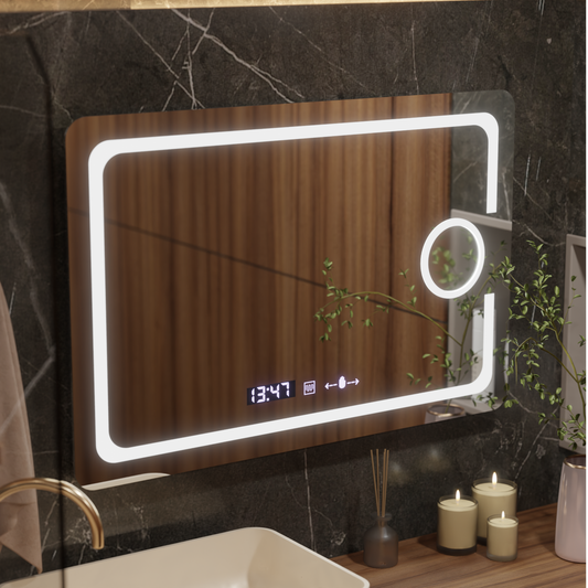 Specchio rettangolare a LED, 120x80 cm, Eclat MotionGlow Marcello, sistema antiappannamento, orologio e termometro, lente d'ingrandimento cosmetica, specchi Marcello dimmerabili Titolo predefinito Alessandro Design