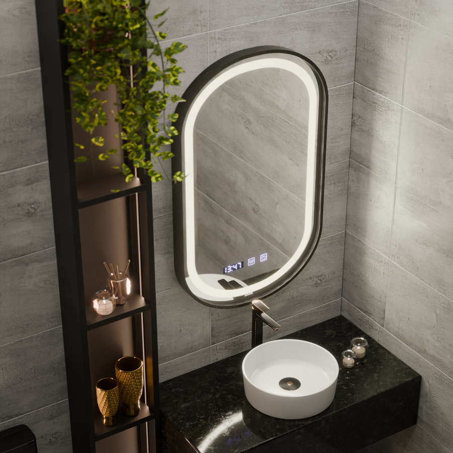 Oglinda LED Touch Helmut Sistem Dezaburire, Ceas si Temperatura 50x80 cm Rama Negru Brushed Marcello Funghi